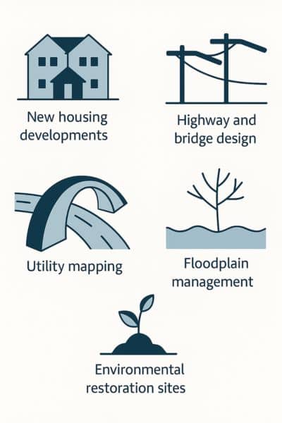 Where to see LiDAR in Action - ALTA SURVEY Denver Infographic showing LiDAR mapping applications including housing developments, highway design, utility mapping, floodplain management, and environmental restoration.