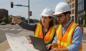 Transportation engineers inspecting railway infrastructure and reviewing project plans onsite