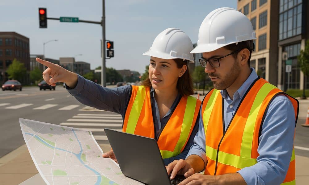 transportation engineers road planning - ALTA SURVEY Denver Transportation engineers inspecting railway infrastructure and reviewing project plans onsite