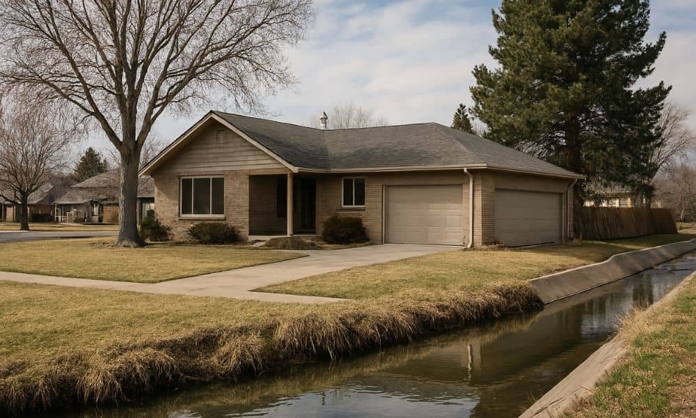 Residential home in Denver located beside a drainage canal showing flood risk factors for FEMA elevation certificate