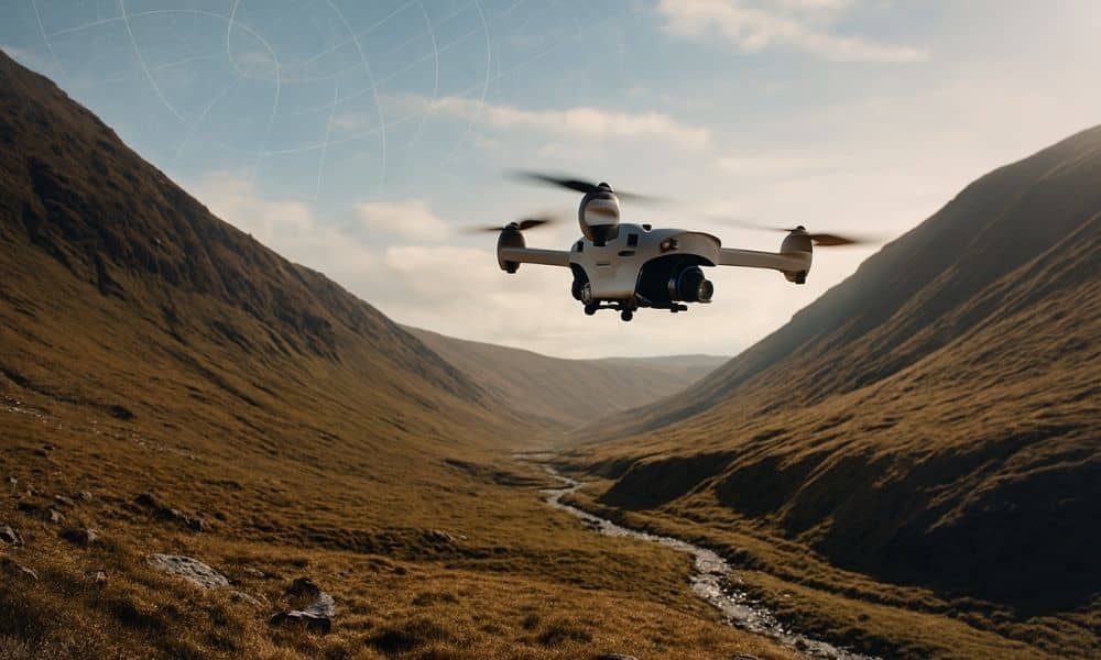 Drone surveying rugged valley with creek and NASA radar overlay showing flood and landslide risk detection
