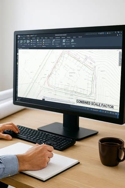 Civil engineer reviewing site data in Civil 3D software while applying the combined scale factor for an ALTA Title Survey.
