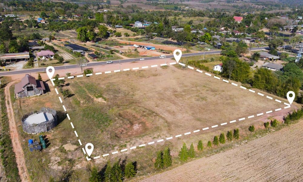 Aerial view of a large rural property with marked boundaries, showing why an ALTA Land Title Survey is important in major land deals