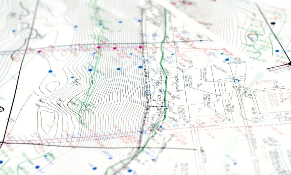 A topo survey showing contour lines and site details used for planning roads, drainage, and other infrastructure improvements