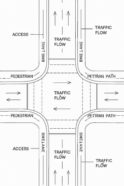 Technical traffic flow diagram showing access points, bike lanes, and pedestrian paths used in traffic studies for office-to-housing conversions