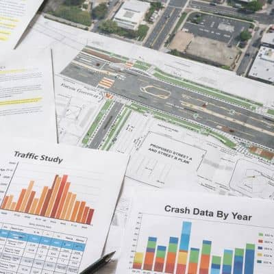 Transportation engineering analysis showing traffic study data and roadway design plans used to evaluate safety and redesign impacts