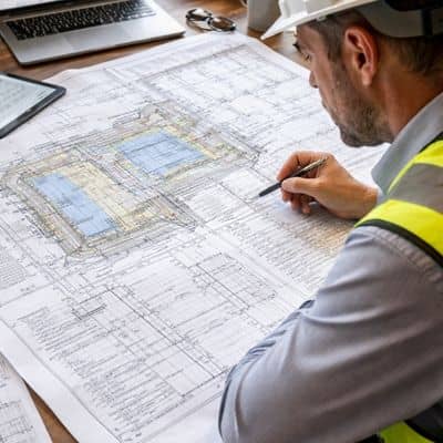 An engineering firm reviewing detailed stormwater drainage plans during the permit approval process