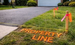 Driveway property line encroachment - ALTA SURVEY Denver Residential driveway crossing a marked property boundary during a lot survey inspection