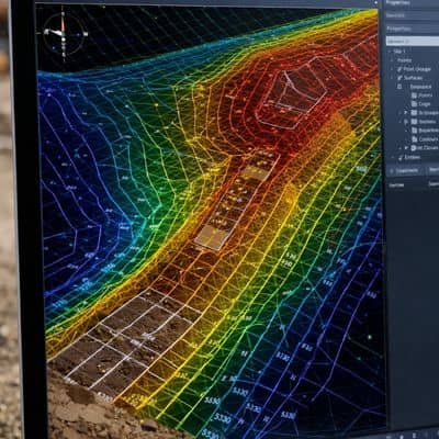 Processed elevation surface model from drone land surveying showing contours and breaklines prepared for engineering design