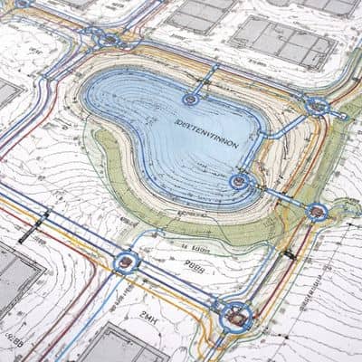 Detailed civil engineering drawing showing drainage and grading layout for a land development project