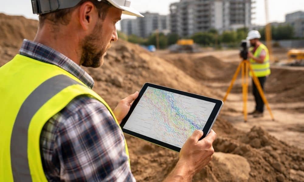 Surveyor reviewing digital contour data construction site - ALTA SURVEY Denver Surveyor reviewing elevation contour data on a tablet during a topographic survey at an active construction site