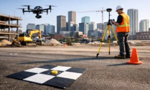Urban construction site drone survey ground control - ALTA SURVEY Denver Professional drone land surveying in an urban construction site using ground control points for survey-grade accuracy