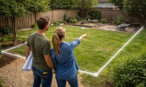 Backyard landscaping planning homeowner - ALTA SURVEY Denver Homeowners planning backyard changes while reviewing a property survey to understand boundary lines