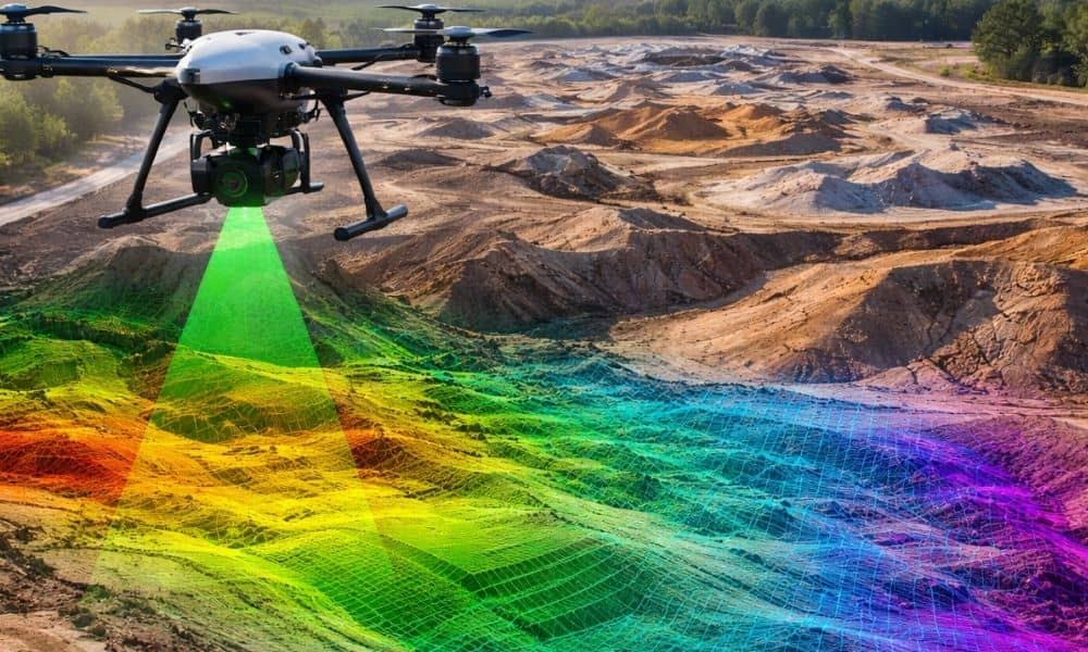 Drone performing lidar mapping over a large construction site to capture detailed terrain data for land surveying