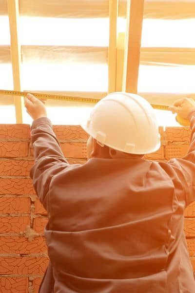 Engineer measuring a wall and structural supports, illustrating urban engineering in multi-level parking garage safety