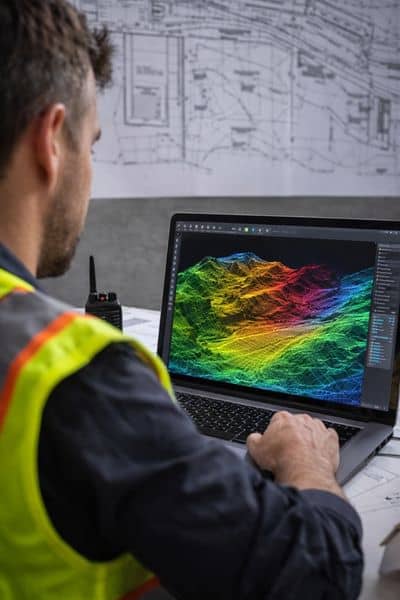 Civil engineer reviewing lidar mapping terrain model data on a computer for land surveying and site planning