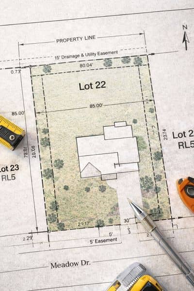 Property survey overhead drawing tools - ALTA SURVEY Denver Detailed overhead view of a property survey showing lot boundaries, house placement, and measurement tools for accurate property planning