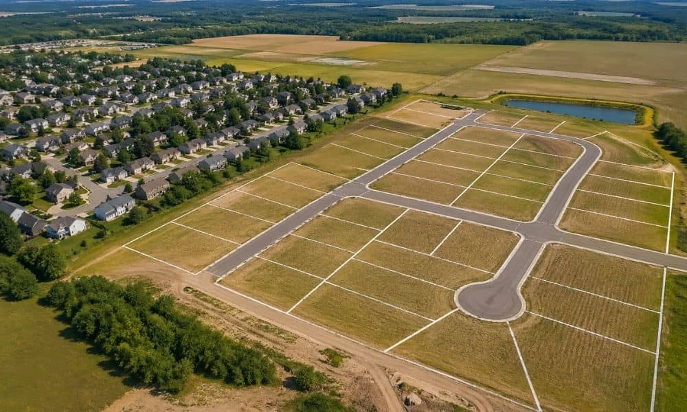 Aerial view of land divided into residential lots ready for development