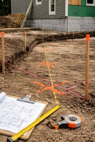 Local surveyor reviewing foundation layout markings and site measurements before construction begins