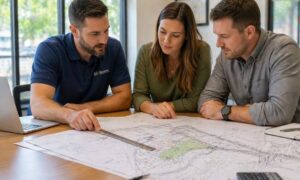 Civil engineer reviewing site plans with a contractor during a project discussion