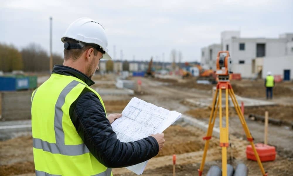 Surveyor reviewing site plans at a construction site to assess soil conditions for a geotechnical engineering report