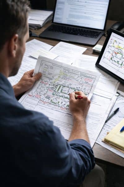 Land development engineer reviewing site plans and documents to coordinate approvals and prevent project delays