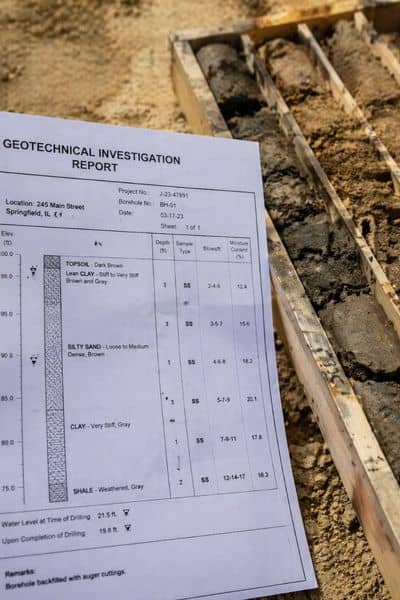 Engineer reviewing soil test data and bore log report to verify findings for a geotechnical engineering assessment