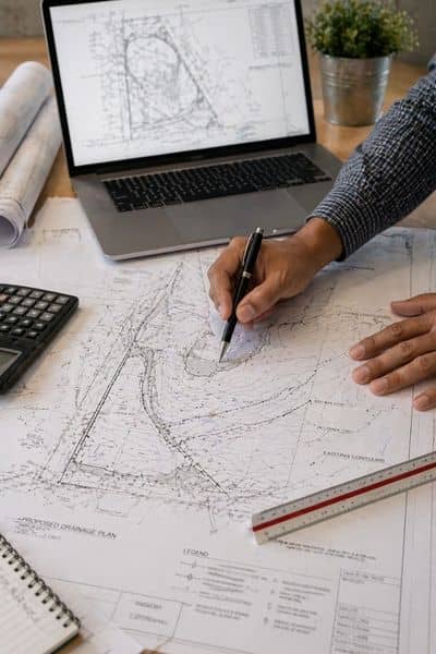 Civil engineer reviewing site plans and drainage layout during project planning