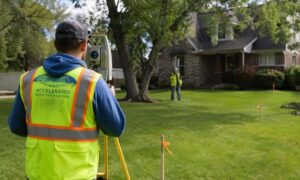 Surveyor in a neon safety vest uses a theodolite on a tripod in a suburban front yard with a house in the background.