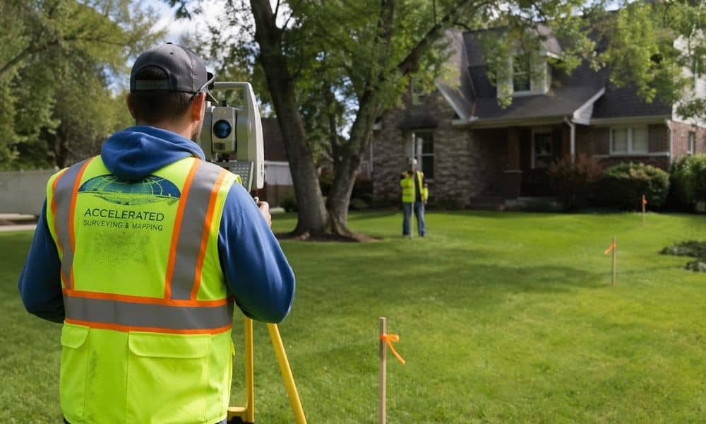 Surveyor measuring a residential property with boundary stakes, showing how land survey costs can vary