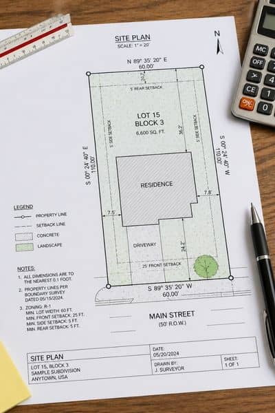 Site plan showing property lines, house layout, and fence placement for a home project