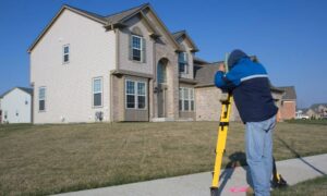 Surveyor measuring property lines in a residential yard before building a fence