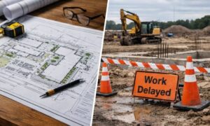 Comparison of a completed site development plan and a stalled construction site showing how a land development engineer helps keep projects moving