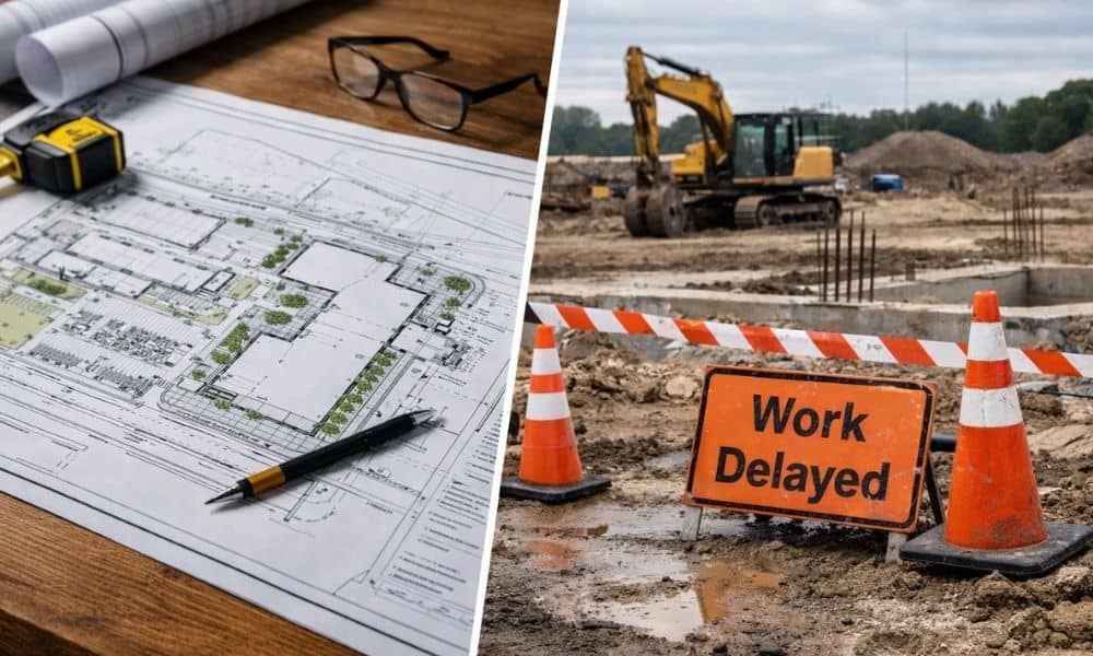 Comparison of a completed site development plan and a stalled construction site showing how a land development engineer helps keep projects moving