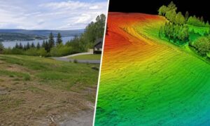 Side-by-side view of a sloped lot and a lidar mapping view showing elevation changes across the land