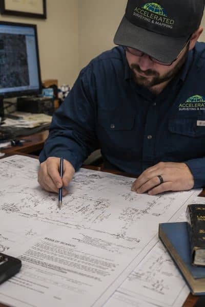 Surveyor reviewing property maps and legal documents to understand factors that affect land survey costs