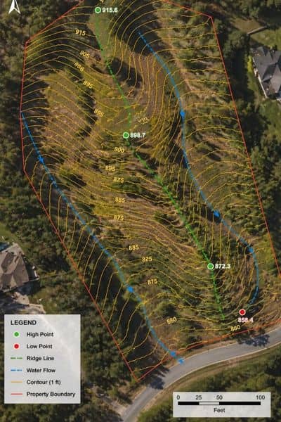 Topographic contour map showing slope changes and elevation across a sloped property from lidar mapping data