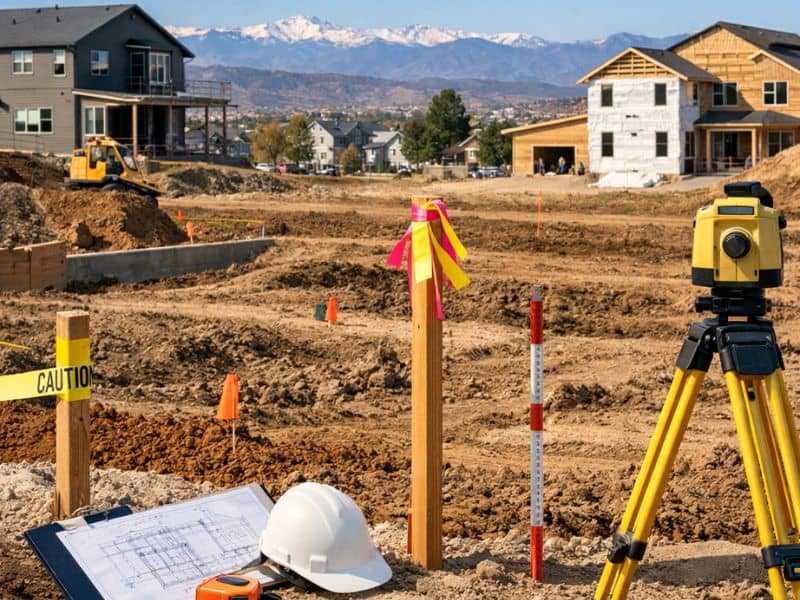 alta nsps land title survey residential development site - ALTA SURVEY Denver ALTA/NSPS Land Title Survey being conducted on a residential development site with surveying equipment and layout markers