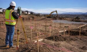 Land surveyor using a total station to mark construction staking points on an active job site before foundation and site development work begins